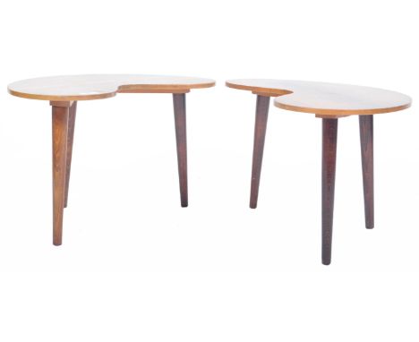 A pair of retro vintage 20th century pine topped kidney shaped side occasional tables / or coffee tables raised on ebonised t