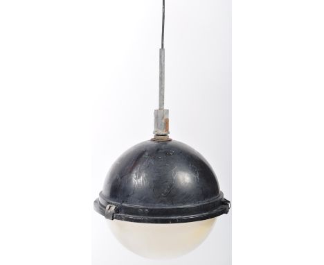 Large retro 20th Century two tone spherical hanging ceiling light of plastic construction having a white half shade colourway