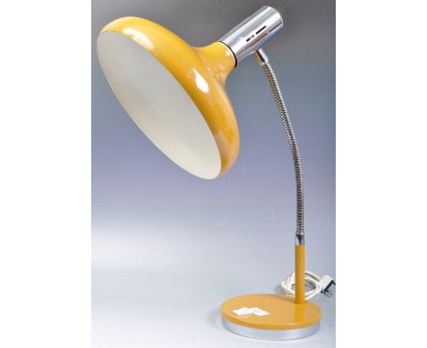 A large vintage 1960s European made mustard yellow gooseneck adjustable desk / table lamp / light. Mustard yellow and chrome 