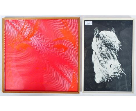 Two retro vintage 20th Century painting picture prints including a black and white portrait study of a shetland pony set with