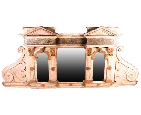A large and impressive antique 19th Century Italian Baroque architectural form mirror with twin pointed arch pediments above 