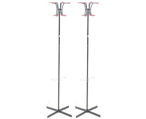 A pair of retro mid 20th Century 1970's atomic / sputnik floor stand coat / hat stands each having red point finial hooks wit