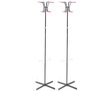 A pair of retro mid 20th Century 1970's atomic / sputnik floor stand coat / hat stands each having red point finial hooks wit