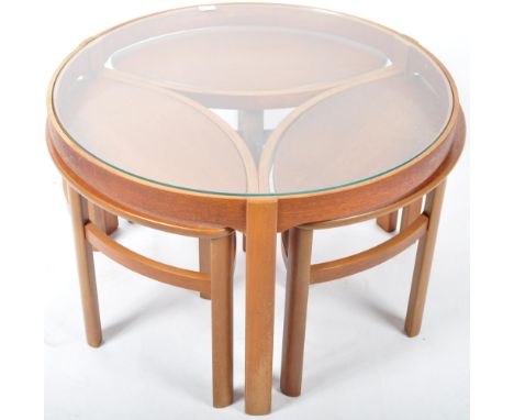 Nathan - Circles - Trinity Nest - A 1960's retro vintage teak wood and glass topped centre / coffee table nest having three e