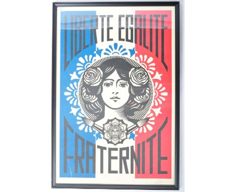 Shepard Fairey - A contemporary Art Nouveau style poster print for 'Liberte Egalite Fraternite'. The poster having the French