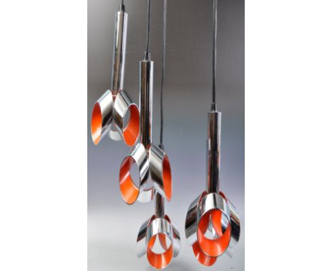 Raak of Amsterdam - A retro vintage 1960's Dutch hanging ceiling light chandelier having multiple chromed and enamelled orang