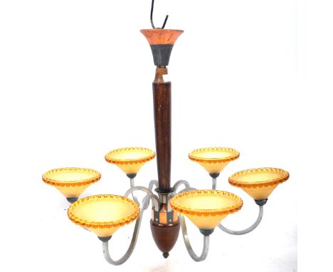 An impressive retro vintage mid 20th Century French glass chandelier ceiling light lamp fixture having a central stained oak,