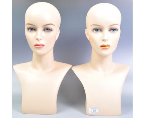 A pair of retro vintage 20th Century advertising point of sale shop display haberdashery mannequins hat stands / wig stands. 