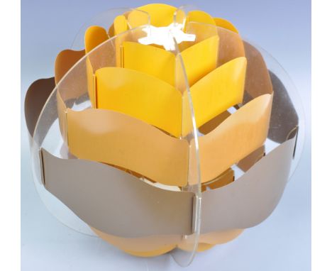 A retro vintage 20th Century ceiling light fixture of snowball shape having five clear acrylic panels united by golden carame