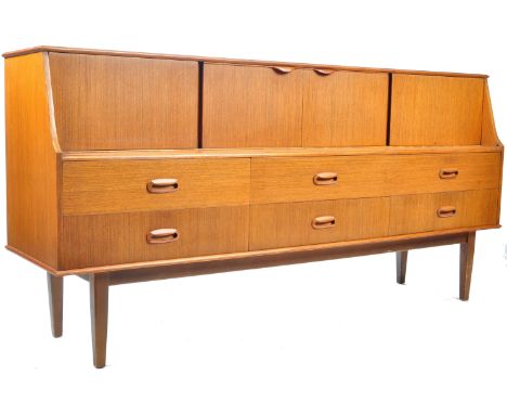 Portwood Furniture - A retro vintage 20th century teak wood Danish influence sideboard credenza having a cupboard / cabinet u