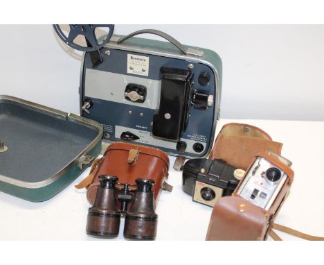 A box of assorted cameras, projector &amp; binoculars 