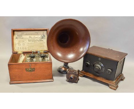 Revophone Crystal Set circa 1924, with open detector and dual tapped tuning controls on ebonite panel, headphone compartment 