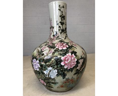 Very large Chinese ceramic bottle vase depicting chrysanthemums, blossom, peacocks and cranes, approx 75cm tall