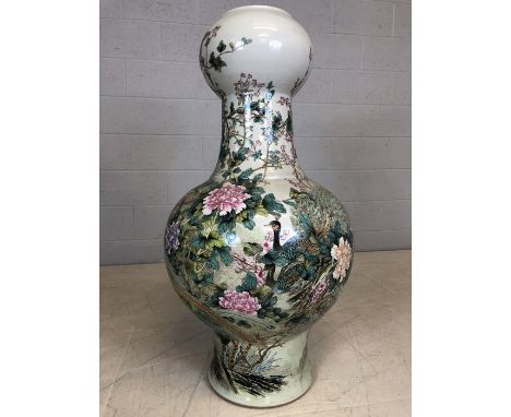 Very large Chinese ceramic double gourd shaped vase depicting chrysanthemums, blossom, birds over a waterfall, Chinese writin