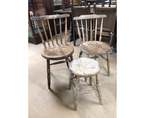 Pair of pine stick back chairs with circular seats along with a vintage pine stool