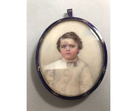 Victorian Miniature portrait of young boy in a Gold gilt frame decorated with blue enamel approx 6.8 x 5.6cm