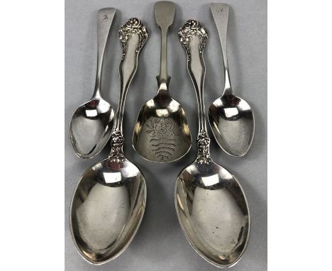 Two Stirling Desert spoons, two Georgian teaspoons and a Caddy spoon