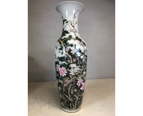 Very large Chinese ceramic vase with Chinese writing and depicting chrysanthemums, birds etc, approx 157cm in height