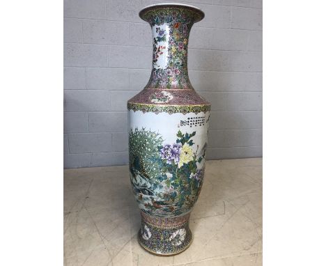 Very large Chinese ceramic vase with Chinese writing and depicting chrysanthemums, birds etc, approx 124cm in height