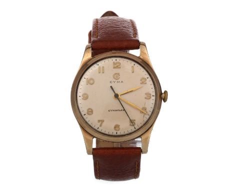CYMA NINE CARAT GOLD MANUAL WIND WRIST WATCH, the round dial with Arabic hour markers, 30mm case with personal inscription to
