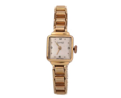 EBERHARD & CO EIGHTEEN CARAT GOLD MANUAL WIND WRIST WATCH,   the square dial with dot and Arabic hour markets, on a gold brac