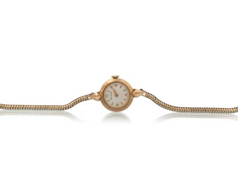 HELVETIA NINE CARAT GOLD MANUAL WIND WRIST WATCH, the round dial with baton and Arabic hour markers, 17mm case with personal 
