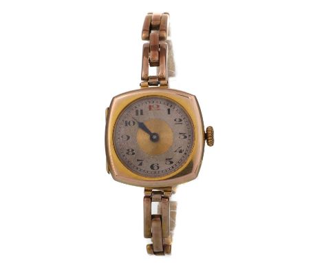 NINE CARAT GOLD MANUAL WIND WRIST WATCH,  the round dial with Arabic hour markers, mm case, on a nine carat gold expanding st