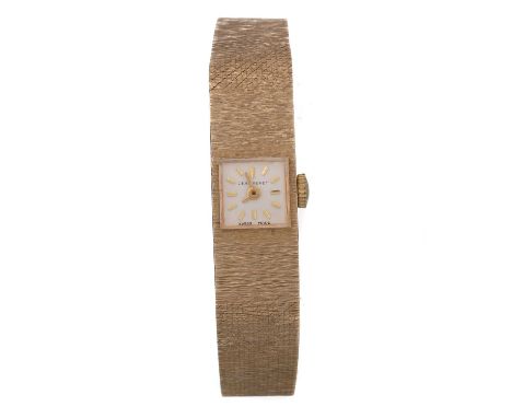JEAN RENET  NINE CARAT GOLD MANUAL WIND WRIST WATCH, the square dial with baton hour markers, 11mm case, on a nine carat gold