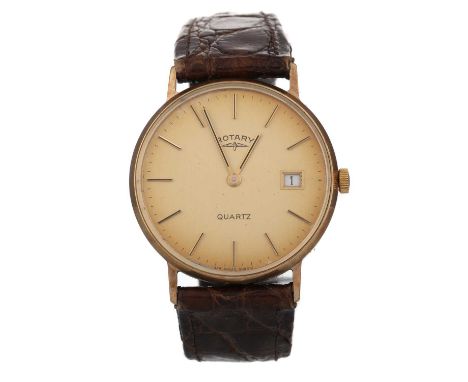 ROTARY  QUARTZ WRIST WATCH, the round dial with baton hour markers, 32mm case, unmarked, on a brown crocodile strap, lacking 