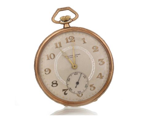 NINE CARAT GOLD OPEN FACE POCKET WATCH,  the round dial with Arabic hour markers, dot outer seconds track, 47mm case, with en