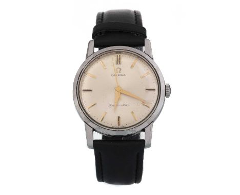 OMEGA SEAMASTER  STAINLESS STEEL MANUAL WIND WRIST WATCH, the round dial with baton hour markers, outer seconds track in blac