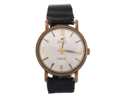 DELTA OF SWITZERLAND NINE CARAT GOLD MANUAL WIND WRIST WATCH, the round dial with baton and Arabic hour markers, 32mm case, o