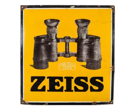 *Zeiss Advertising sign. A rare German pre-war 1930s enamel shop sign for Carl Zeiss binoculars,  black on yellow with large 