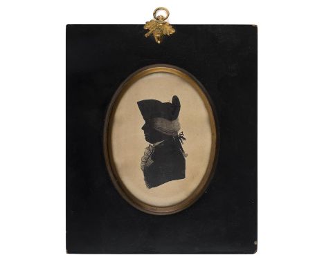 *Silhouette Portraits. Gentleman in profile wearing tricorn hat, late 18th century, pen & ink on paper head & shoulders oval 