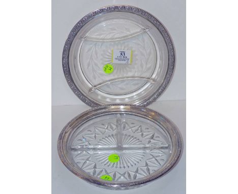 *Mixed silver. A circular glass hors d'oeuvres dish with white metal rim,  21 cm diameter, together with a similar dish, eigh