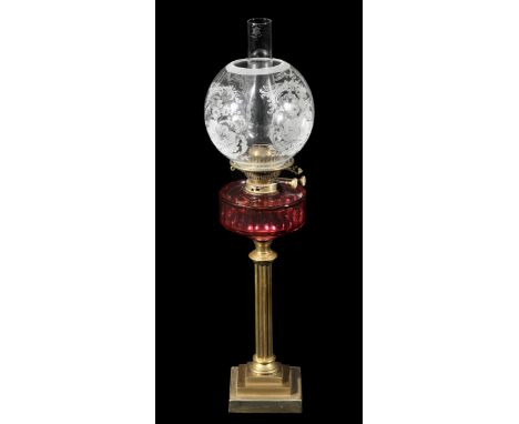 *Oil lamp. A Victorian oil lamp,  with globular acid etched shade and chimney on a brass columnar base with cranberry reservo