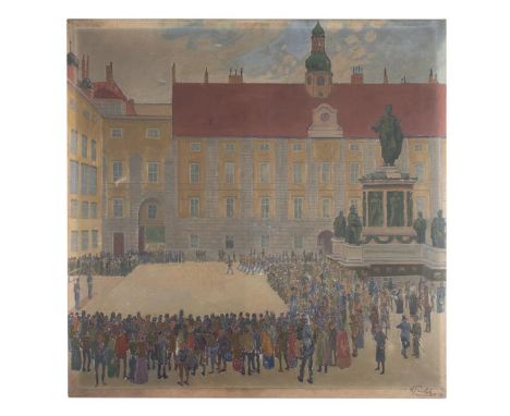 *Peschka (Anton Emanuel, 1885-1940). Changing of the Guard ("The Palace Growl"), Vienna, 1909,  oil on canvas, depicting a cr