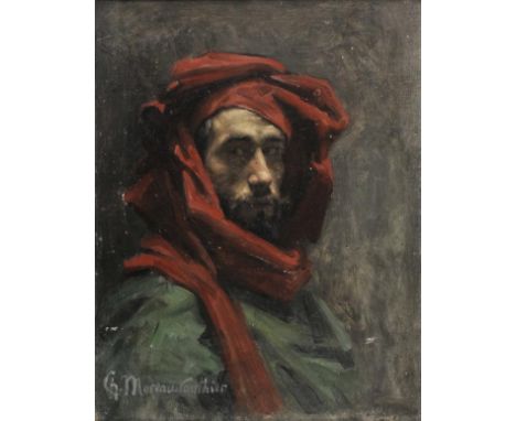 *Moreau-Vauthier (Charles, 1857-1924). Portrait of a young man in red headdress,  oil on canvas, laid down on board, signed l