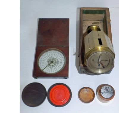 *Surveying Instruments. A Victorian brass surveyor's cross,  with circular silvered dial engraved with scales, in an octagona