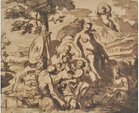*Attributed to Fran‡ois Perrier (1594-1650). Study for The Deificiation of Aeneas, pen & brown ink with brown wash on pale cr