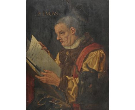 *German School. Portrait of St. Luke reading his gospel, with head of a black bull, 16th century,  oil on quarter sawn baltic