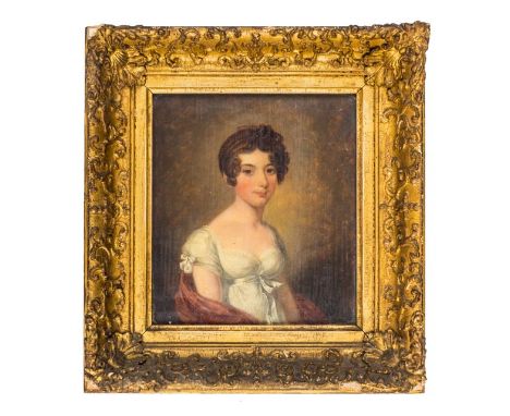 *English School. Portrait of a young lady, circa 1810, oil on canvas, half-length portrait of a young lady with dark brown cu