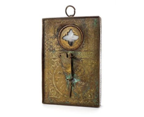 *Indo-Persian Compass. An early 20th century Qibla indicator,  with low folding gnomon and steel cruciform compass, the brass