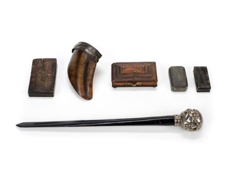 *Snuff boxes. A collection of Victorian snuff boxes,  including a cow's hoof box with hinged pewter cover, 14 cm long, a rect