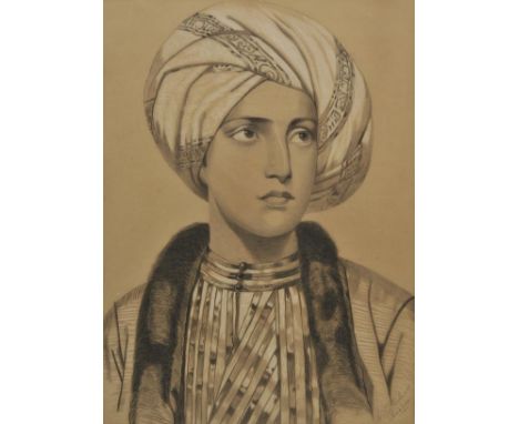 *French School. Portrait of a boy in Persian dress, 1884, black and white chalks on buff paper, with repeated printed monogra