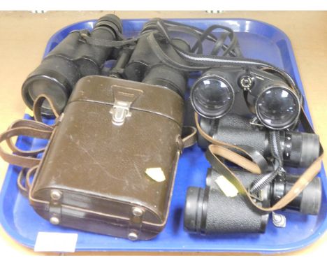 Various binoculars, to include Carl Zeiss, model number 1137961, Prinz 10x50 binoculars, etc. 