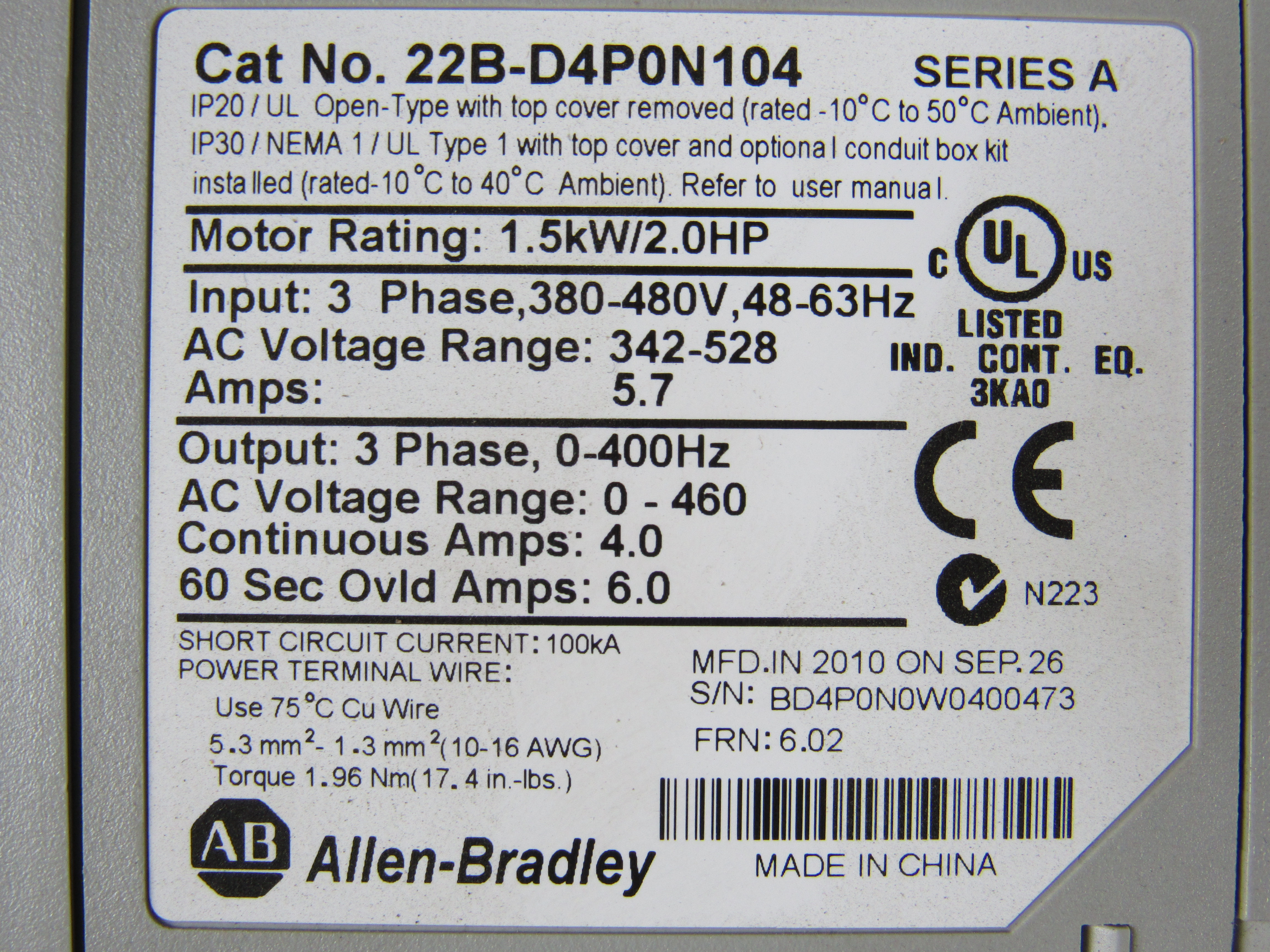 ALLEN BRADLEY POWERFLEX 22B-D4P0N104 2.0HP