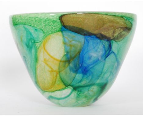 A large Teign Valley studio glass Peninsula bowl by Richard Glass of conical form with blue, citron and cinnamon streaks over