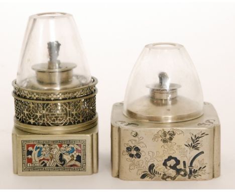 A Chinese opium lamp with conical glass shade on a pieced stand and square enamelled base decorated with birds and figures am