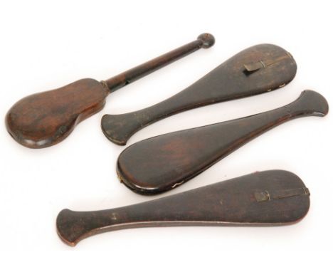 A Chinese opium scale in hardwood violin case and three similar scales each in fish shaped cases (4)